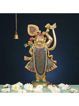 Ekaa Handicrafts - Brass Shreenathji Statue with Stonework 18"