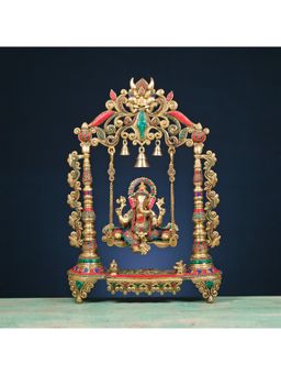 Ekaa Handicrafts - 26.5" Brass Ganesha Statue on Swing with Stonework