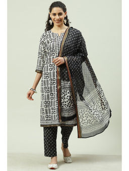 Biba - Black Cotton Unstitched Suit (Set of 3)