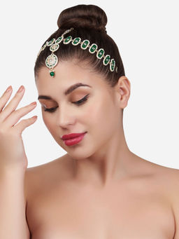 Zaveri Pearls - Green Meenakari Dazzling Kundan & Pearls Bridal Matha Patti Style Maangtikka