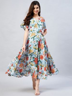 Buy RARE Women Multi-Color V-Neck Floral Printed Midi Dress Online