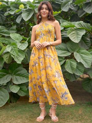 Buy RARE Women Yellow Halter Neck Floral Printed Maxi Dress Online