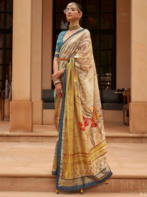 Women's Organza Cream Digital Print Designer Saree With Blouse Piece