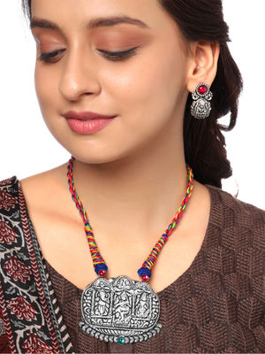 Yellow Chimes Kolhapuri Worked Silver Oxidized Choker Necklace Set for Women