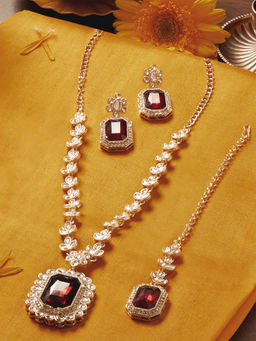 Zaveri Pearls - Red Stones Austrian Diamonds Necklace Earrings and Maangtikka Set