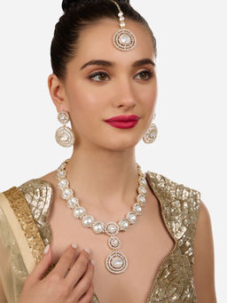 Zaveri Pearls - Gold Tone Stones Diamonds Necklace Earrings and Maangtikka Set