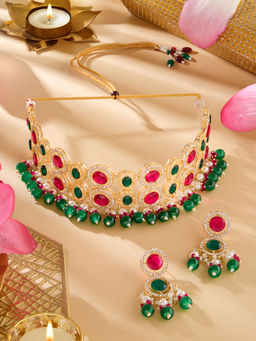 Zaveri Pearls - Pink Green Stones Beads Diamonds Choker Necklace and Earrings