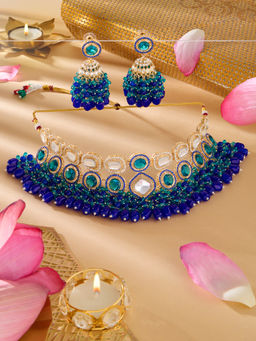 Zaveri Pearls - Navy Blue Green Stones Beads Diamonds Choker Necklace and Earrings