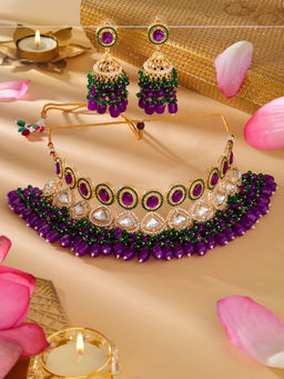 Zaveri Pearls - Purple Green Stones Beads Choker Necklace and Earrings