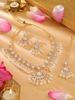 Zaveri Pearls - Gold Tone Stones Diamonds Necklace Earrings and Maangtikka