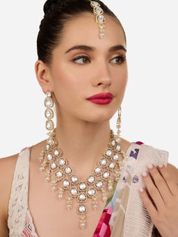 Zaveri Pearls - Gold Tone Stones Diamonds Necklace Earrings and Maangtikka Set