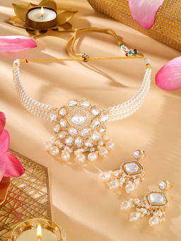 Zaveri Pearls - Gold Tone Stones Multistrand Choker Necklace and Earrings