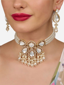 Zaveri Pearls - Gold Tone Stones Multistrand Choker Necklace and Earrings