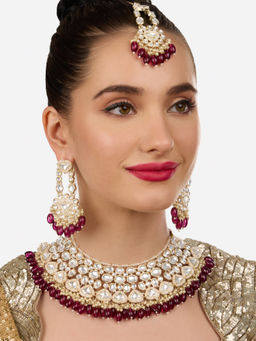 Zaveri Pearls - Magenta Beads Drop Stones Necklace Earrings and Maangtikka Set