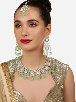 Zaveri Pearls - Mint Green Minakari Diamonds Necklace Earrings Maangtikka Set