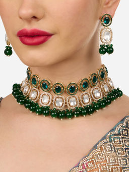 Zaveri Pearls - Green Stones Cluster Beads Drop Choker Necklace and Earrings
