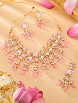 Zaveri Pearls - Pink Stones Beads Choker Necklace & Earrings with Maangtikka