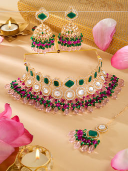 Zaveri Pearls - Pink Green Stones Beads Necklace Earrings and Maangtikka