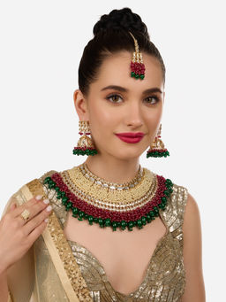 Zaveri Pearls - Rani Pink Green Bridal Necklace Earrings Maangtikka and Ring Set
