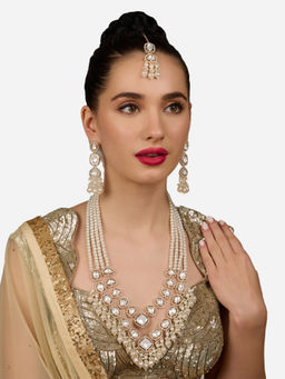 Zaveri Pearls - Gold Tone Multistrand Bridal Necklace Earrings Maangtikka Set