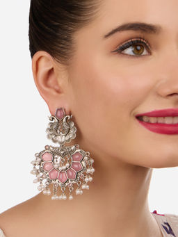 Zaveri Pearls - Pink Stones Peacock Inspired Antique Silver Dangler Earring