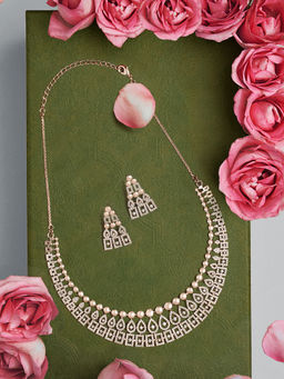Zaveri Pearls - Rose Gold Cubic Zirconia Contemporary Necklace and Earrings