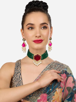 Zaveri Pearls - Pink Green Multistrand Beaded Choker Necklace and Earrings Set