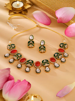 Zaveri Pearls - Green Minakari Orange Stones Dazzling Necklace and Earrings