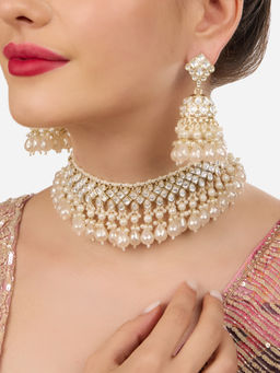 Zaveri Pearls - Gold Tone Stones Beads Drop Choker Necklace and Earrings