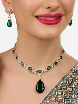 Zaveri Pearls - Green Cubic Zirconia Contemporary Brass Necklace and Earrings