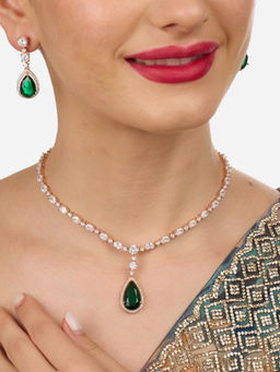 Zaveri Pearls - Green Cubic Zirconia Contemporary Brass Necklace and Earrings