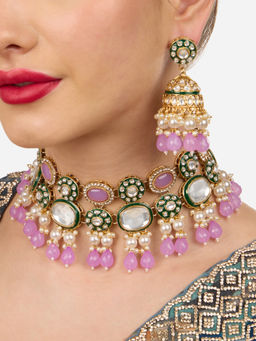Zaveri Pearls - Purple Stones Beads Green Meenakari Necklace and Earring Set-Zpfk18371