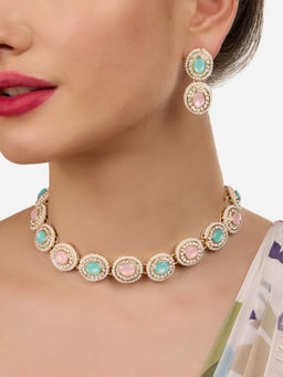 Zaveri Pearls - Pink Turquoise Dazzling Stones and Beads Necklace and Earring Set-Zpfk18373