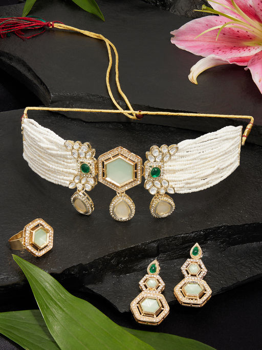 Zaveri Pearls Green Multistrand Beaded Choker Necklace Earring Ring Set-Zpfk18380