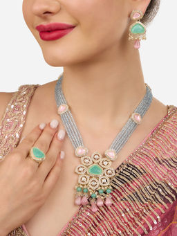Zaveri Pearls - Multicolor Stones Multistrand Long Necklace Earring Ring Set-Zpfk18381