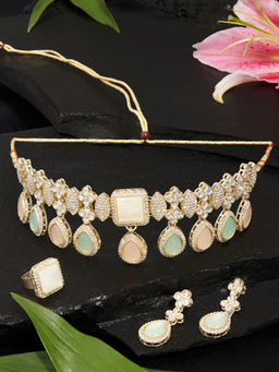 Zaveri Pearls - Mint Green Peach Stones Diamonds Choker Necklace Earring Ring-Zpfk18383