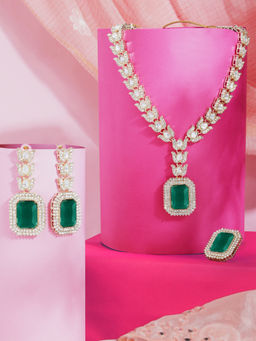 Zaveri Pearls - Green Stones Diamonds Lotus Design Necklace Earring Ring Set-Zpfk18410