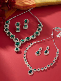 Zaveri Pearls - Pack Of 2 Green Stones Diamonds Necklaces and Earrings Set