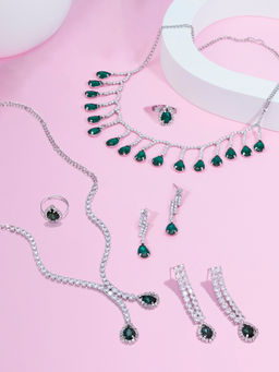 Zaveri Pearls - Pack Of 2 Green Stones Diamonds Necklaces Earrings Rings Set