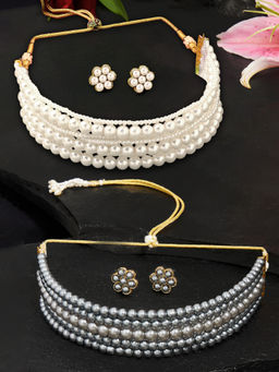 Zaveri Pearls - Pack Of 2 Grey White Beaded Choker Necklaces and Earrings Set