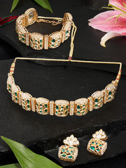 Zaveri Pearls - Green Stones Diamonds Choker Necklace Earring and Bracelet Set