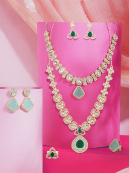 Zaveri Pearls - Pack Of 2 Green Stones Diamonds Necklaces Earrings Rings Set