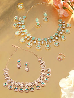 Zaveri Pearls - Pack Of 2 Green Stones Diamonds Necklaces Earrings Rings Set