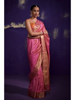 Dressfolk - Bright Pink Silk Satin Saree with Wide Metallic Border without Blouse