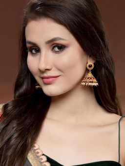 PANASH - Gold Plated Red Stone and Pearls Handcrafted Jhumka Earrings