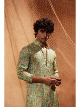 Eleven Brothers - Green Mushroom Garden Silk Kurta