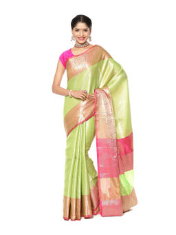 Banarasi Silk Works - Green Kanchi Silk Zari Pattu Border Saree with Unstitched Blouse
