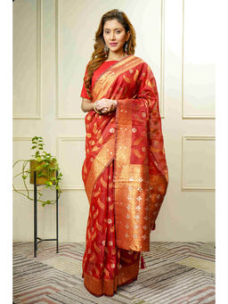Beatitude - Red Woven Linen Saree with Unstitched Blouse