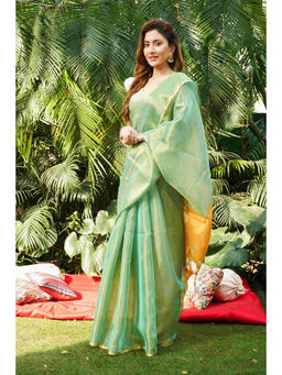 Beatitude - Green Woven Zari Linen Saree with Unstitched Blouse