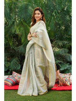 Beatitude - Grey Woven Zari Linen Saree with Unstitched Blouse